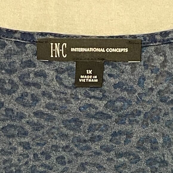 INC Burnout V Neck Faux Wrap Shirred Side Blouse Blue Leopard 1X Long Sleeve - Picture 11 of 12